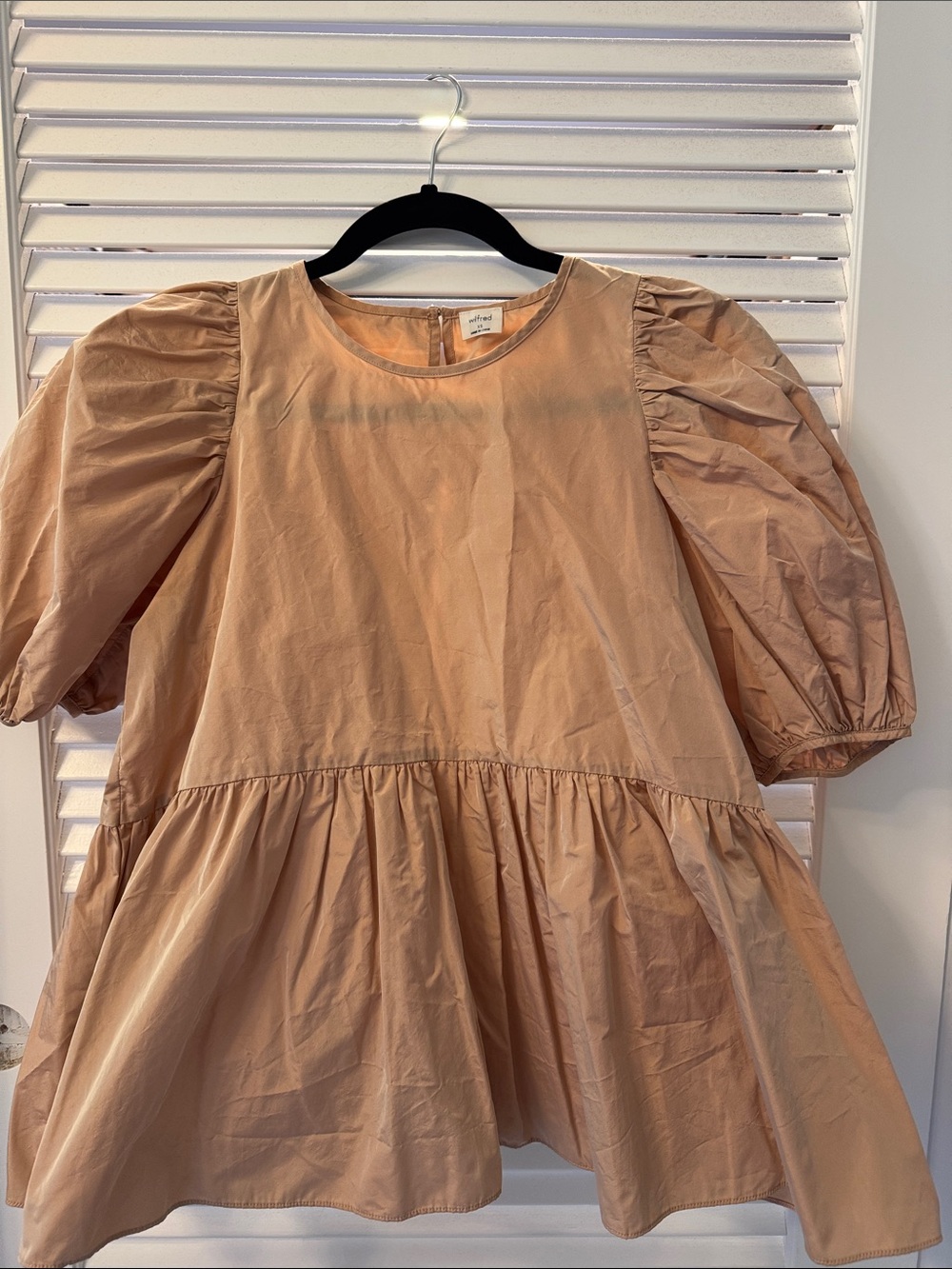 Aritzia Puff-Sleeve Peplum Blouse — Tan